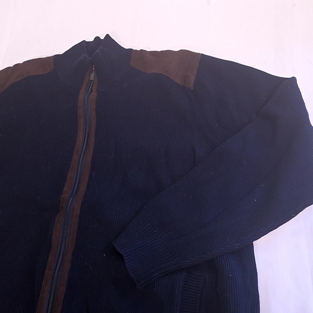 Southern Pines Full Zip Cardigan Sweater Mens XL Blue Ribbed Faux Suede Patches